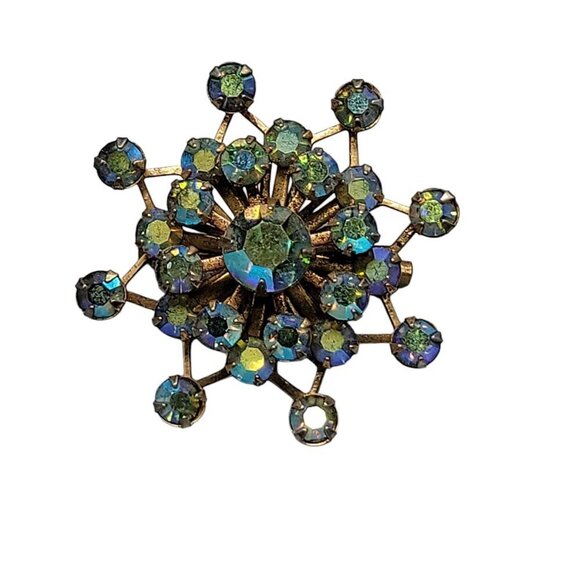 Blue Green Aurora Borealis Starburst Brooch Gold Tone Vintage Pin - Picture 1 of 7